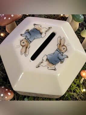 Beatrix Potter Hexagonal Ceramic Bunny Coin Bank - Blue Jacket Bunnies